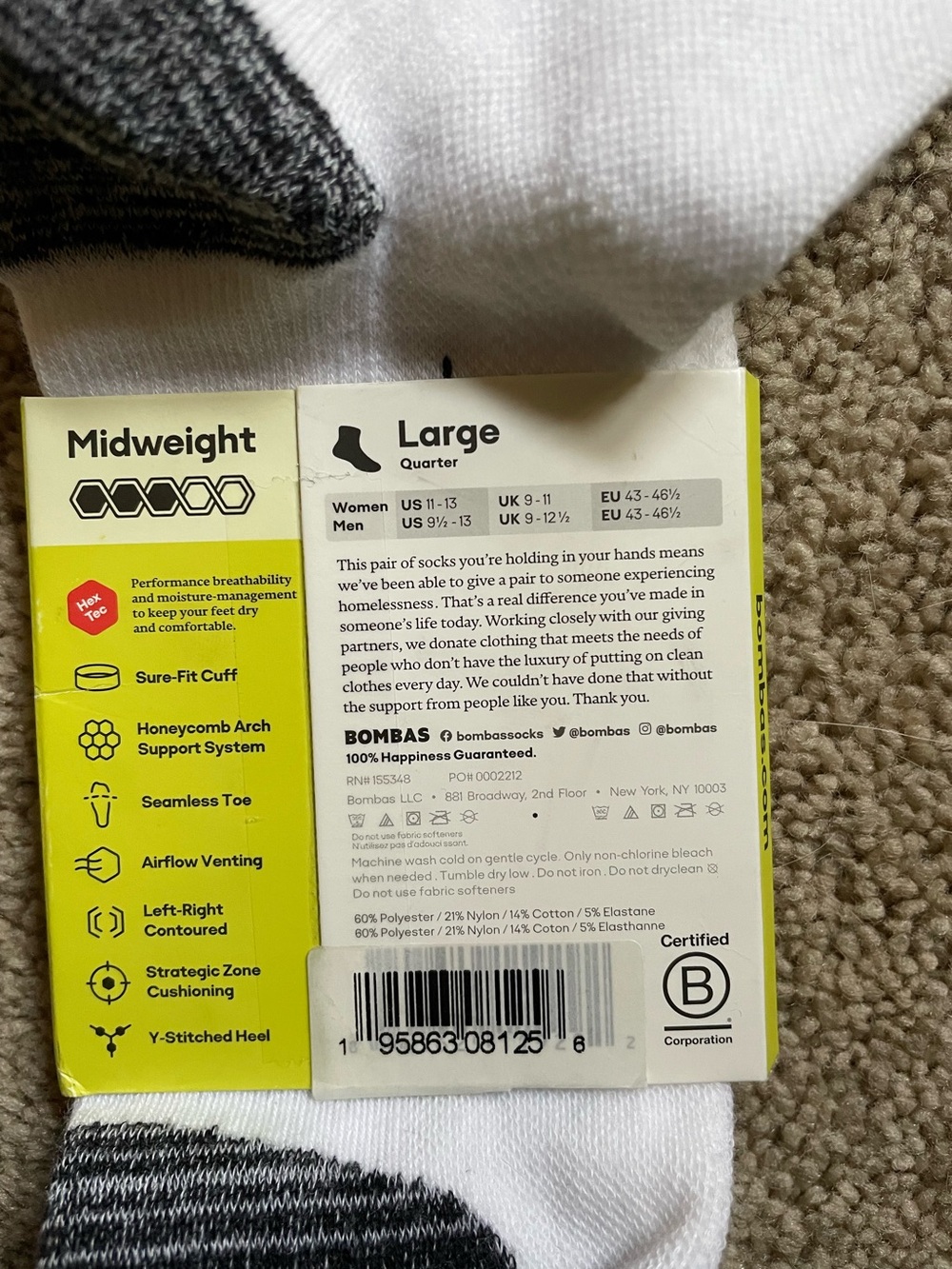 Bombas White & Gray Performance Crew Socks - Large - Picture 2 of 3
